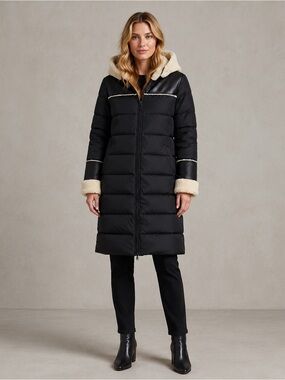Tahari Demi Black Faux Shearling Leather Trim Hooded Puffer Coat NEW Womens L